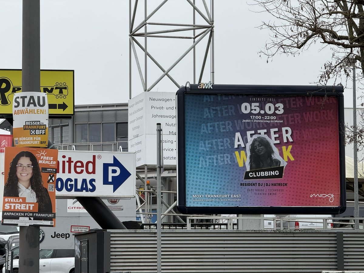 Digitales Billboard für eine Clubbing-Veranstaltung in Frankfurt am Main