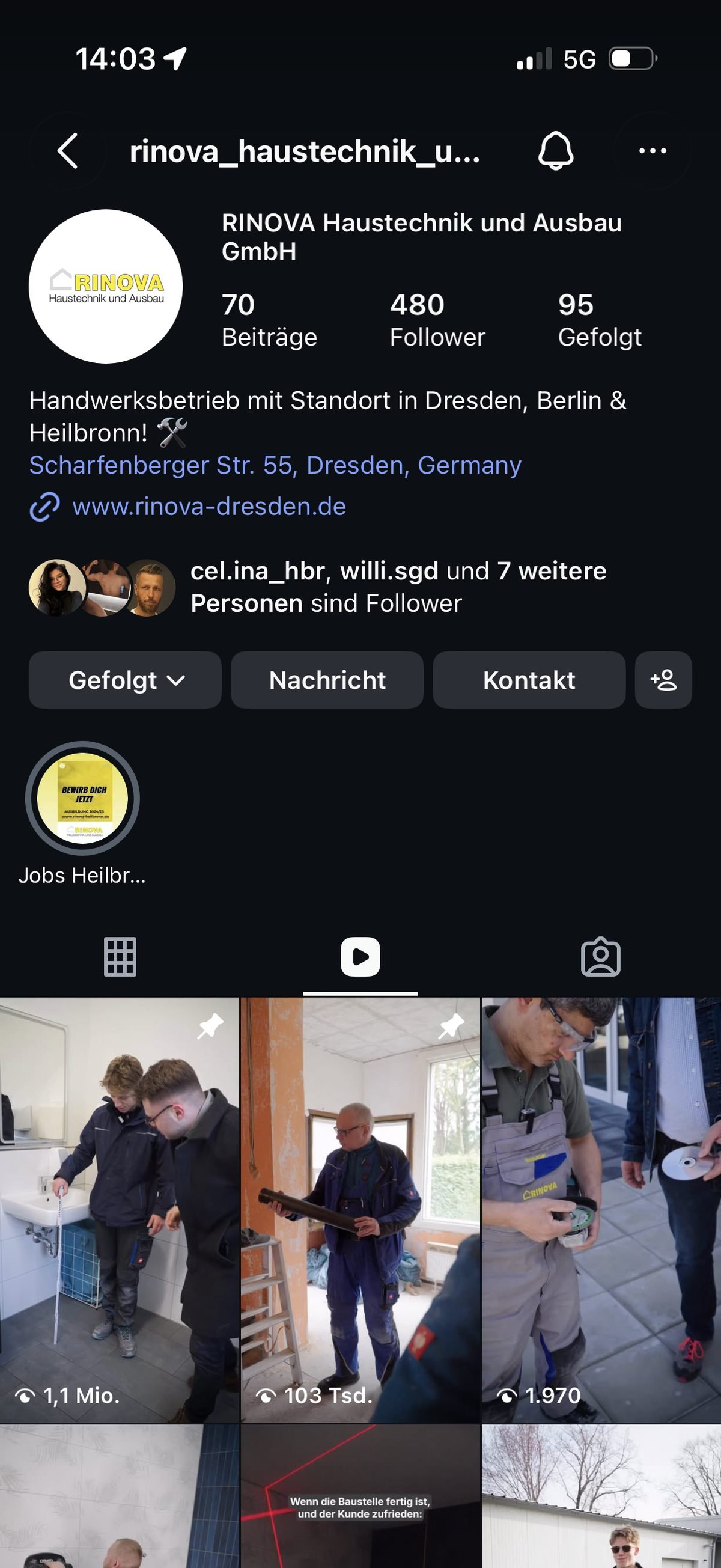 Instagram-Profil eines betreuten Handwerksbetriebs